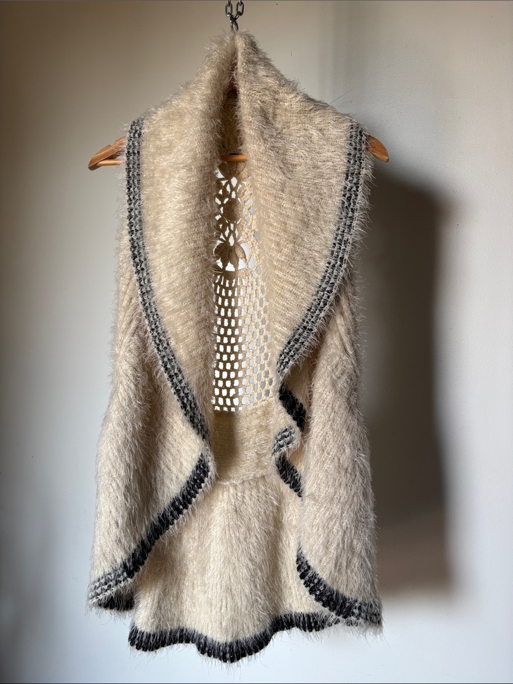 Y2K Open-Front Fuzzy Vest with Crochet Back Size Small